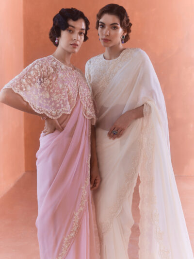 white pink net saree