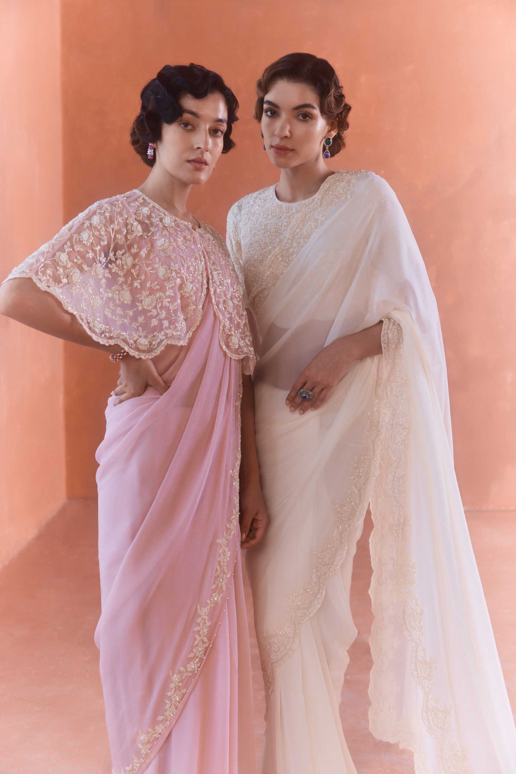white pink net saree