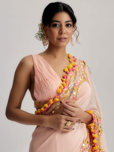 pink designer flower saree