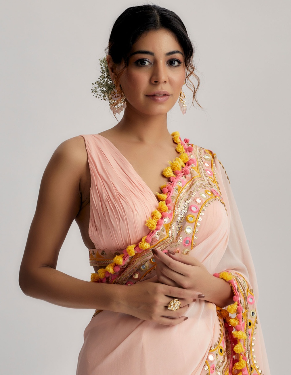 pink designer flower saree