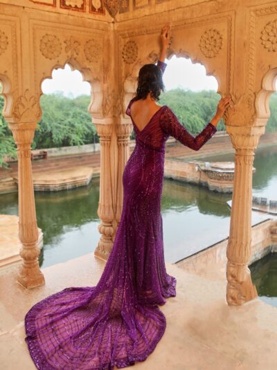 purple Net top With Intricate Floral Sequins Embroidery