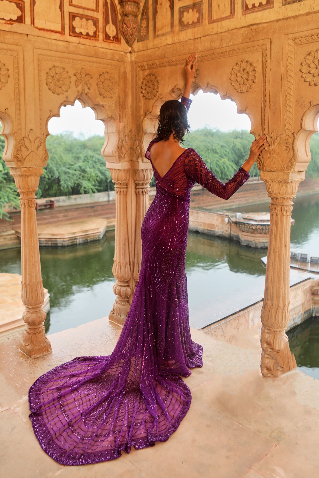 purple Net top With Intricate Floral Sequins Embroidery