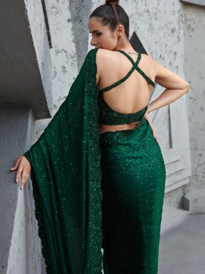 starry green sleek down blouse saree