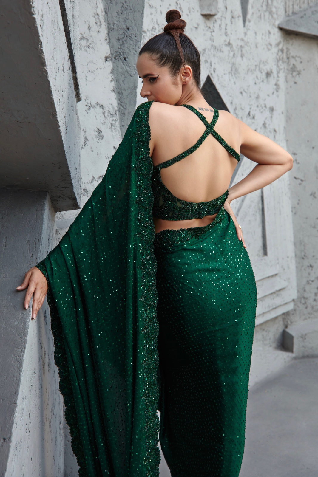 starry green sleek down blouse saree