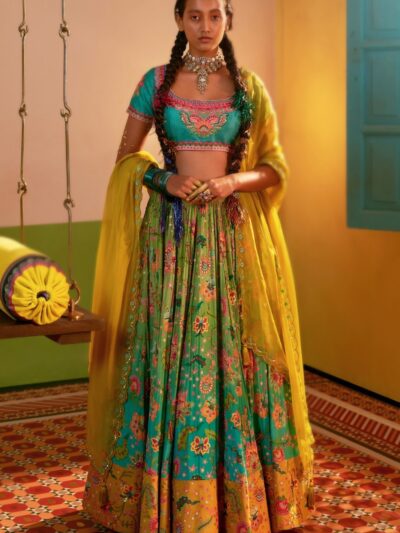 yellow floral blue lehenga