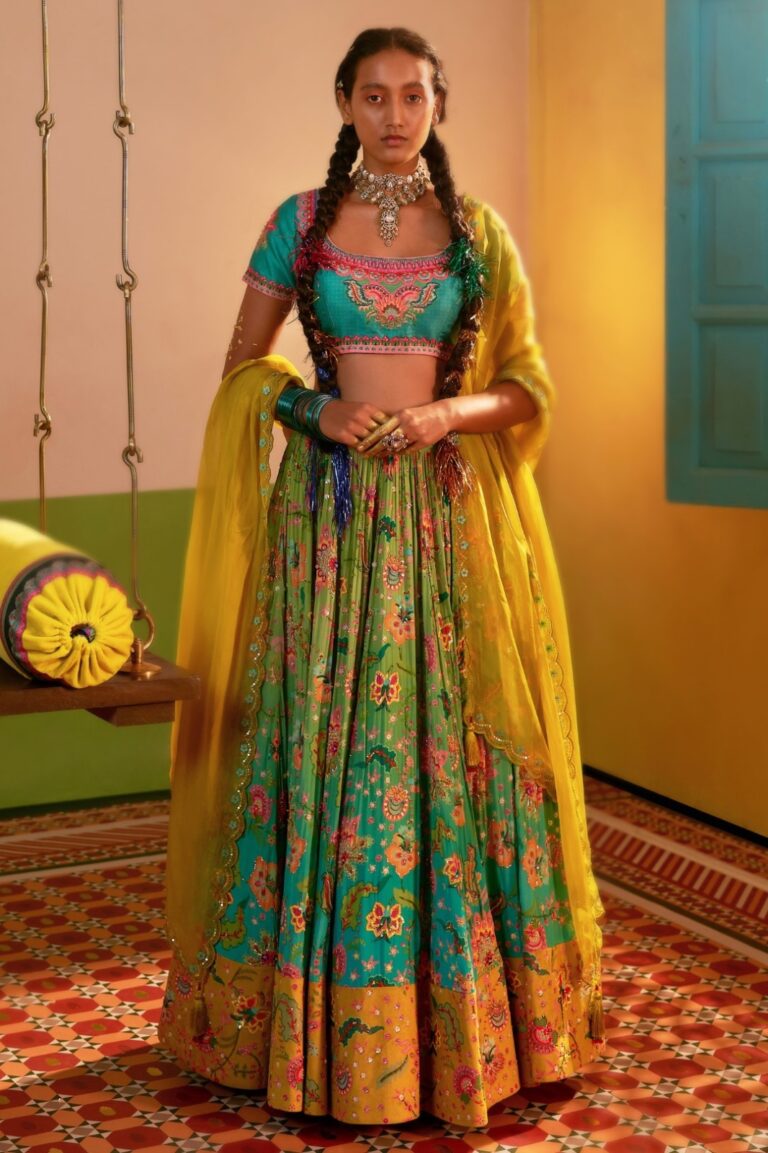 yellow floral blue lehenga