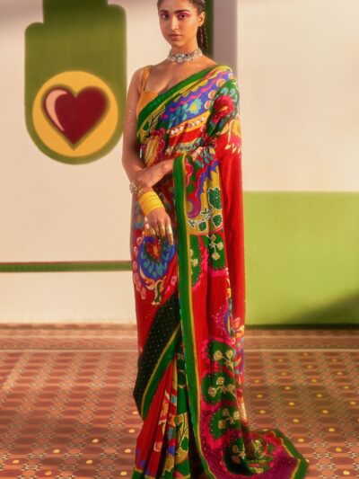 red printed saree