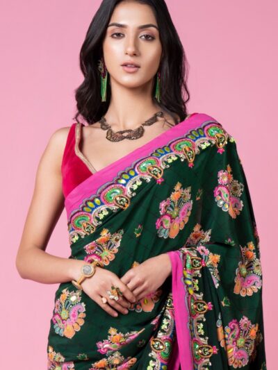 dark green pink boarder saree