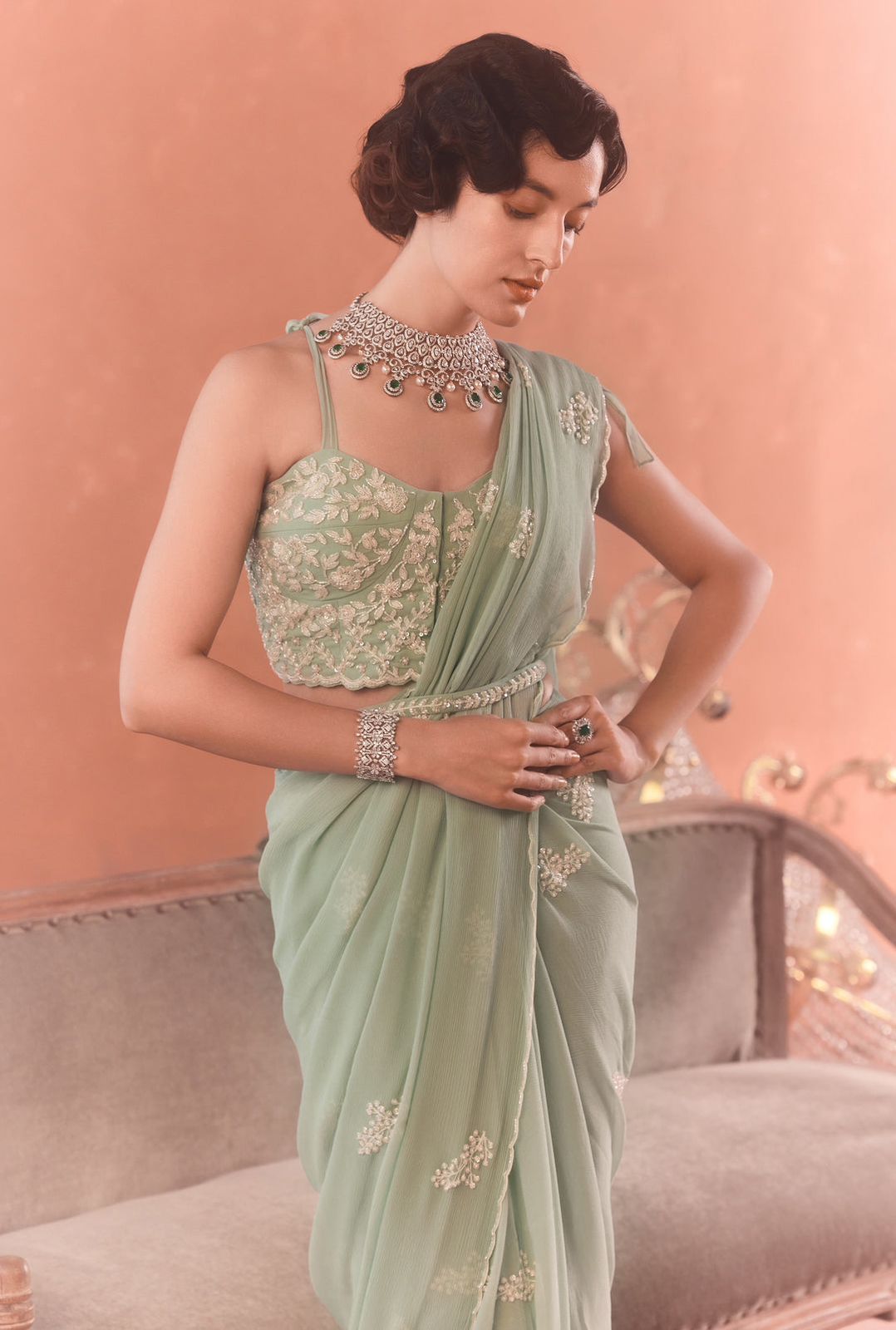sky green embroidery organza saree