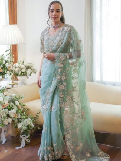 queen blue floral saree
