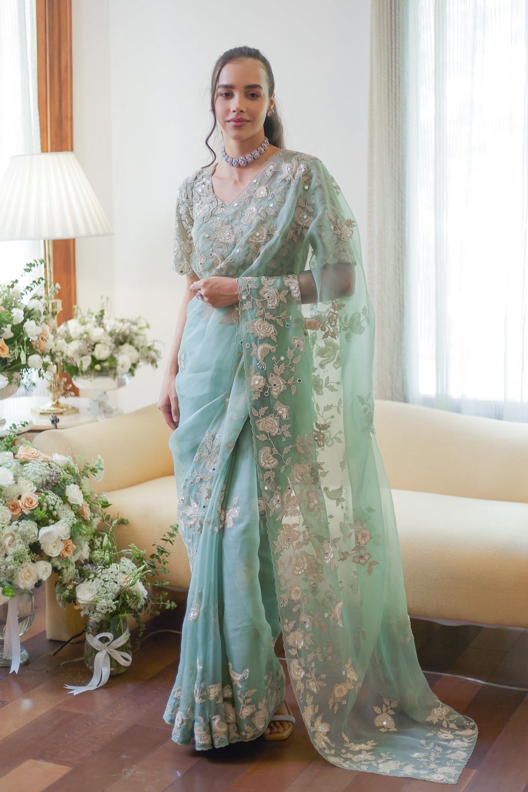 queen blue floral saree