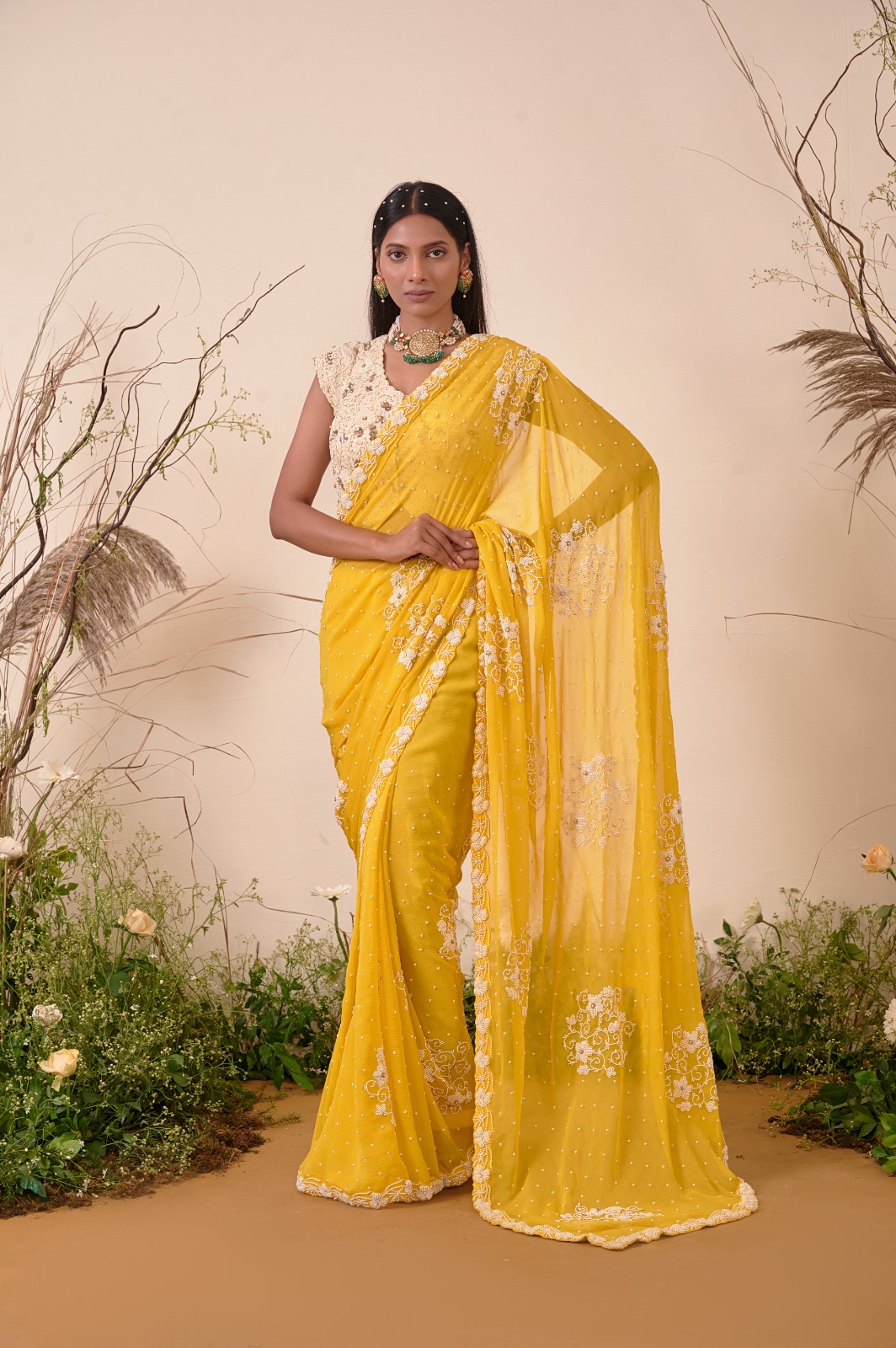 white yellow saree