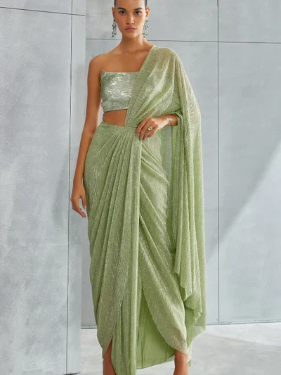 green sequin blouse saree