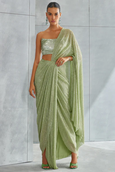 green sequin blouse saree