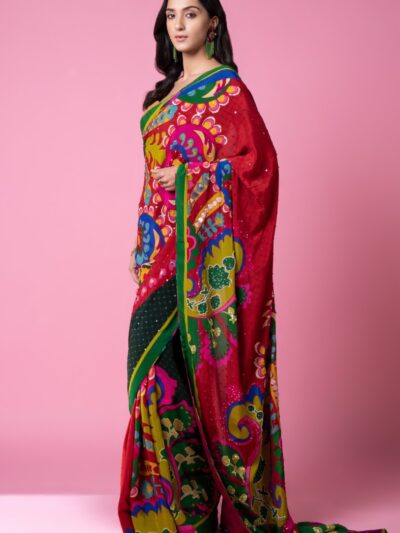 red green floral printed saree