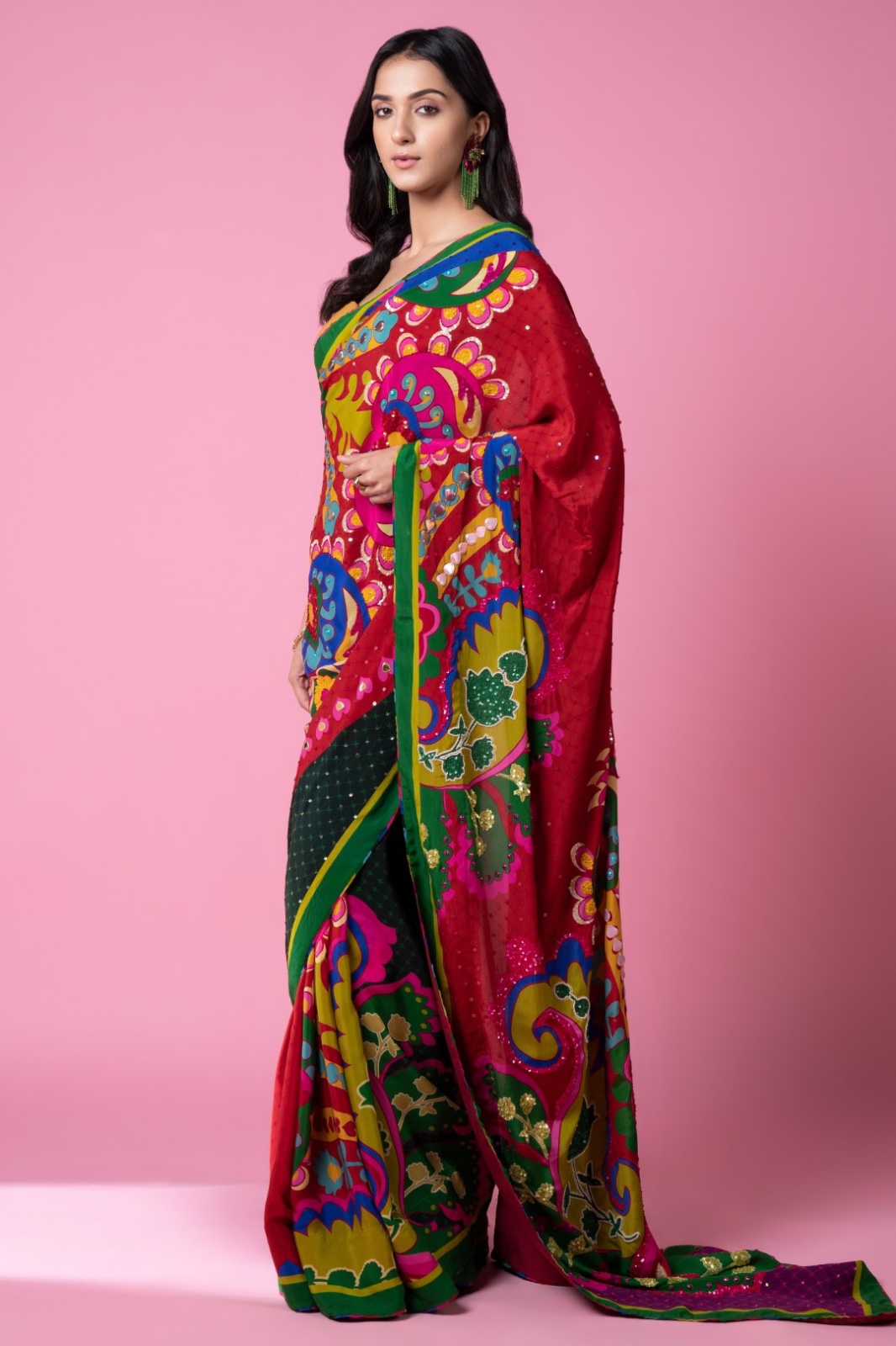 red green floral printed saree