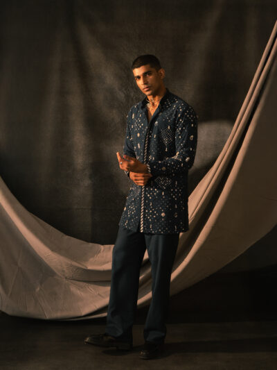 navy blue jacket embroidery kurta