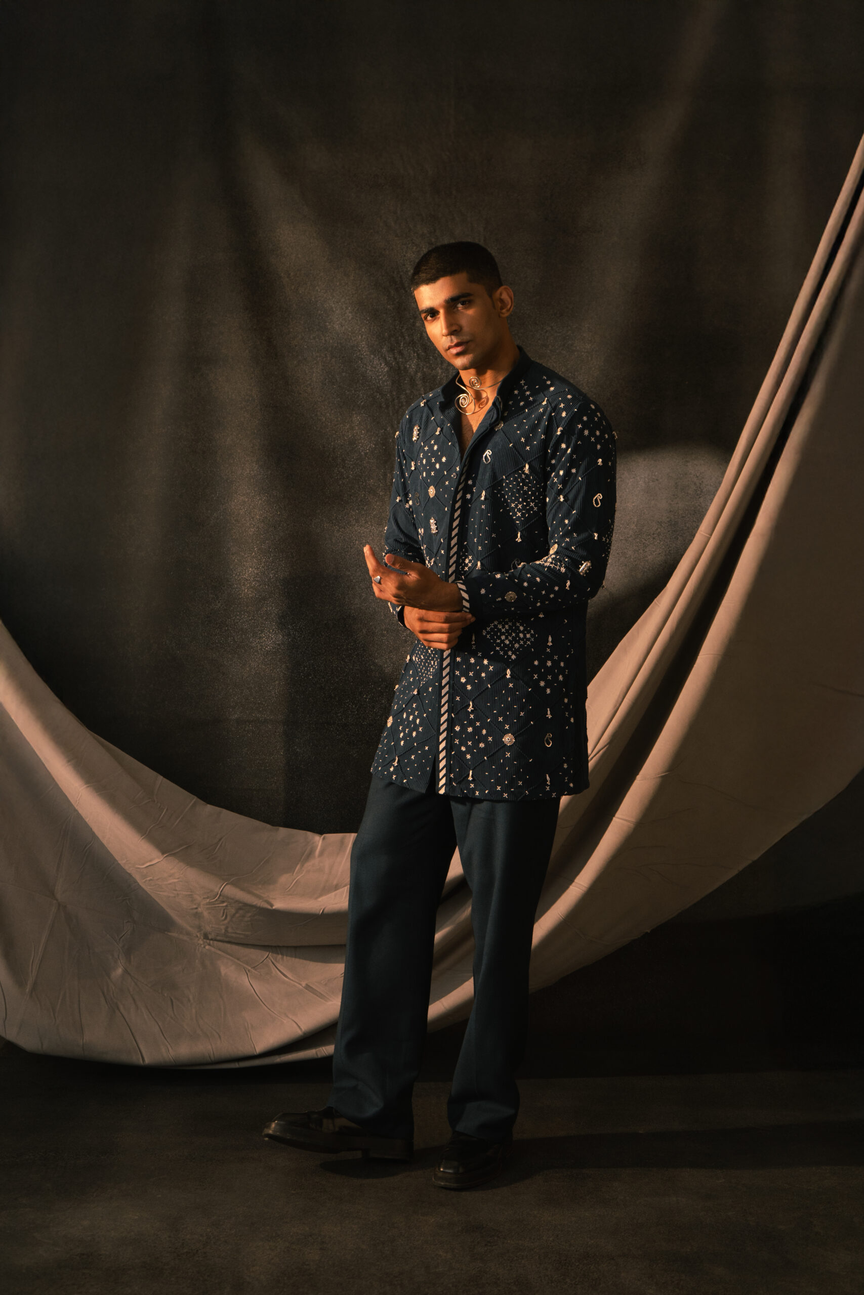 navy blue jacket embroidery kurta