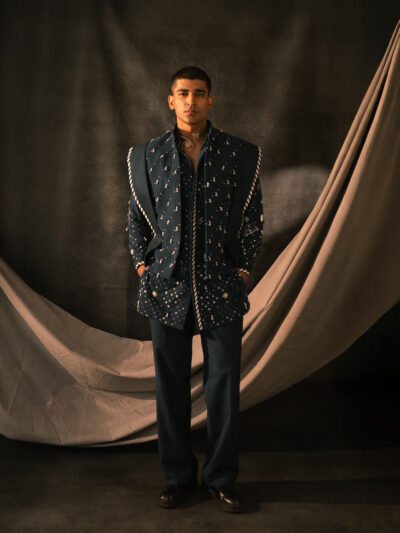 navy blue jacket with embroidery kurta