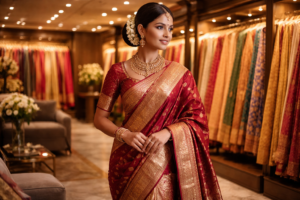Designer sarees Hyderabad bridal silk saree displayed at REINA Multi Designer Store