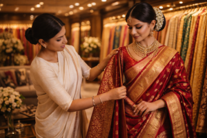 Bride trying designer saree at luxury boutique in Hyderabad