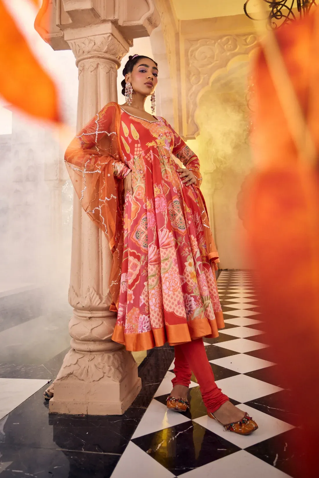 Coral Bloom Anarkali Set with Embellished Dupatta - Image 3