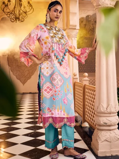 Pastel Mosaic Kurta Set with Tassel Detailing