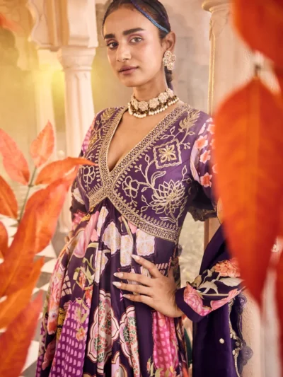 Royal Plum Floral Anarkali Set with Dupatta