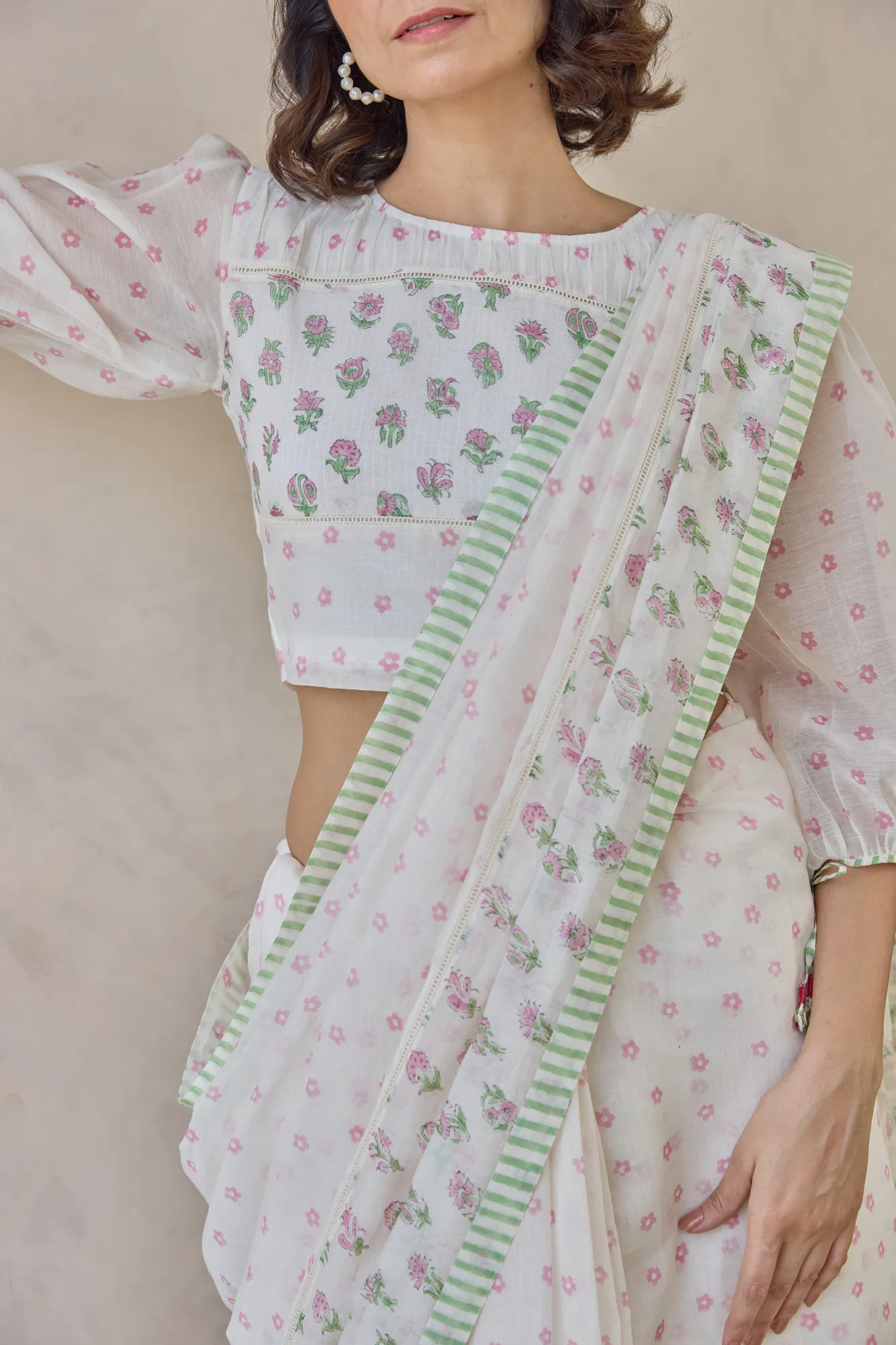 Ivory Blossom Printed Saree Set - Image 10