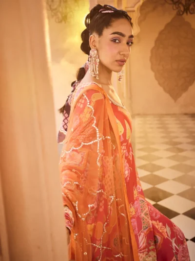 Coral Bloom Anarkali Set with Embellished Dupatta