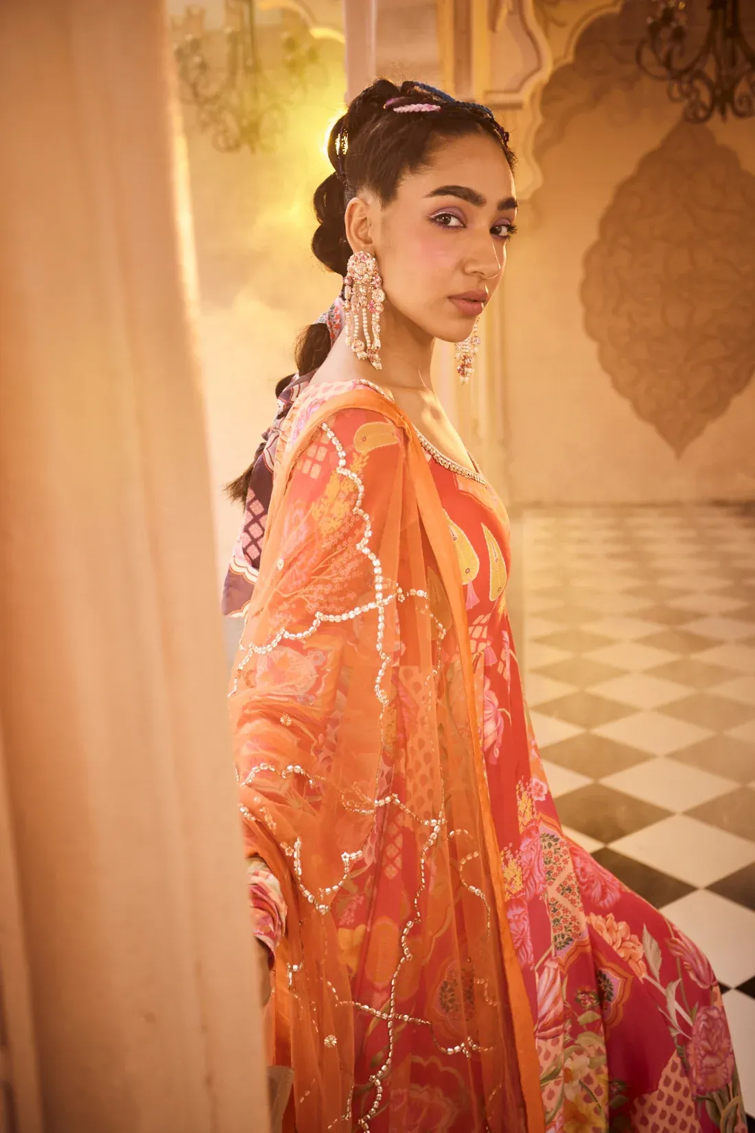 Coral Bloom Anarkali Set with Embellished Dupatta