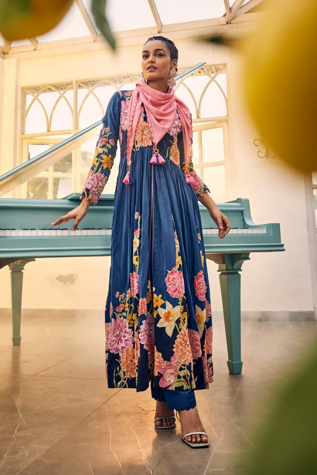 Midnight Bloom Anarkali Set with Tassel Dupatta - Image 4