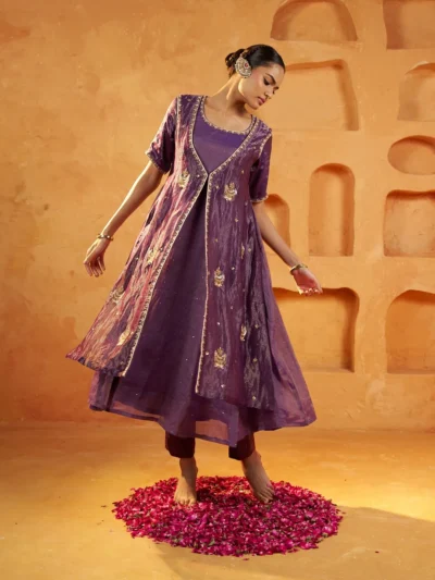 Royal Plum Embroidered Layered Kurta Dress
