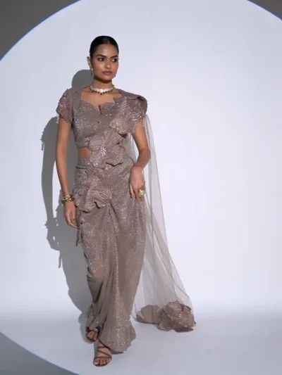 Champagne Luxe Embellished Drape Saree Set