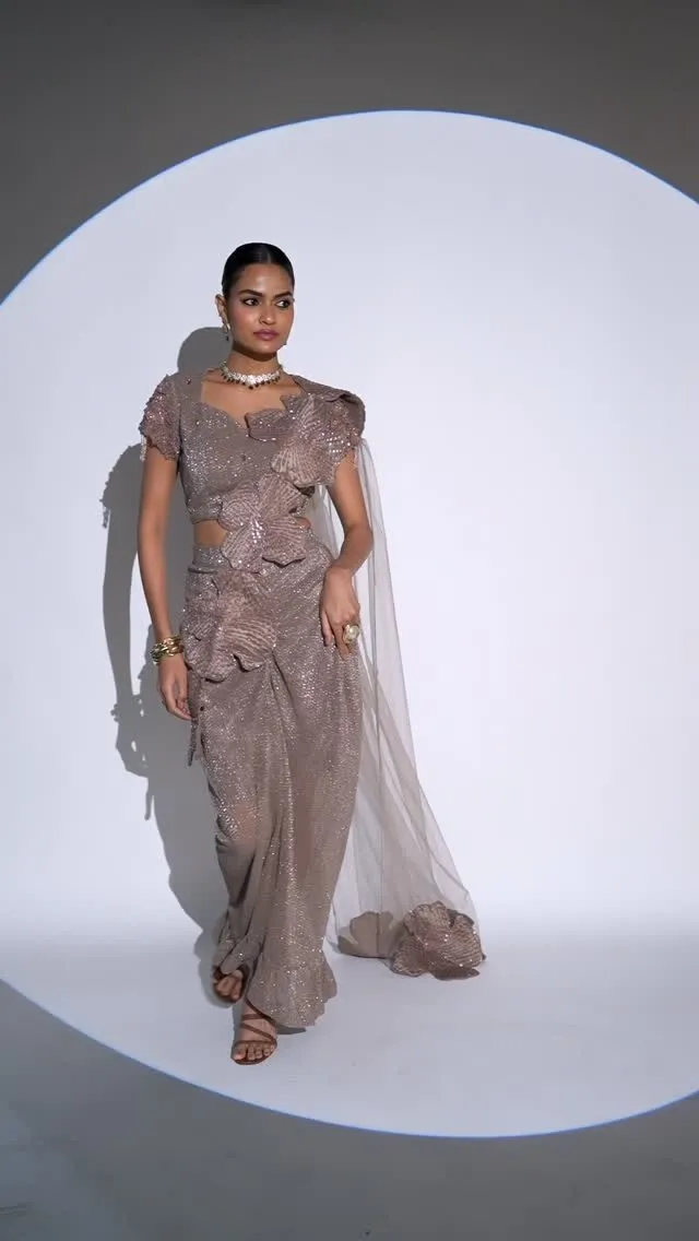 Champagne Luxe Embellished Drape Saree Set