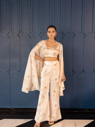 Ivory Floral Co-ord Set with Cape