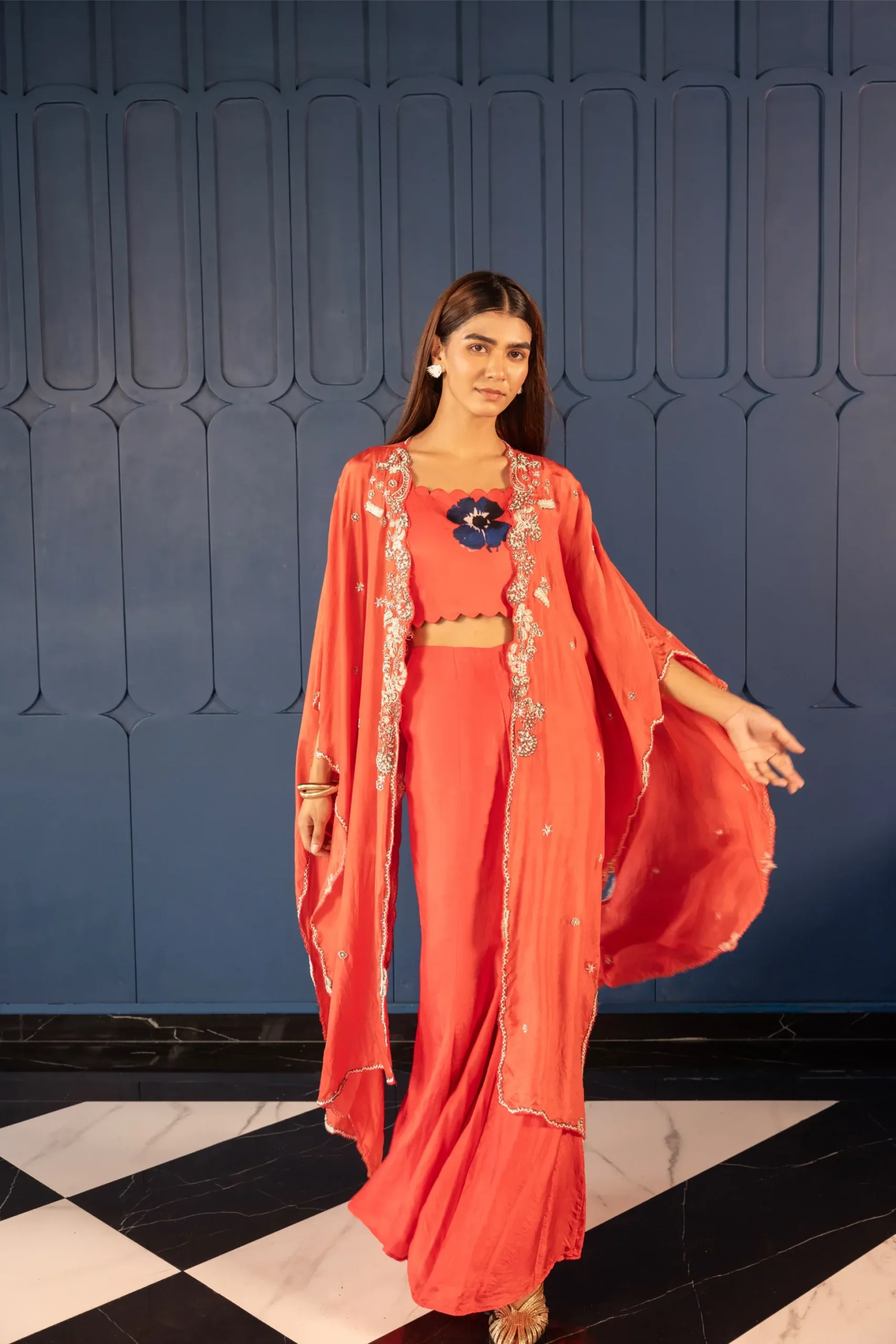 Coral Embellished Co-ord Set with Cape - Image 3