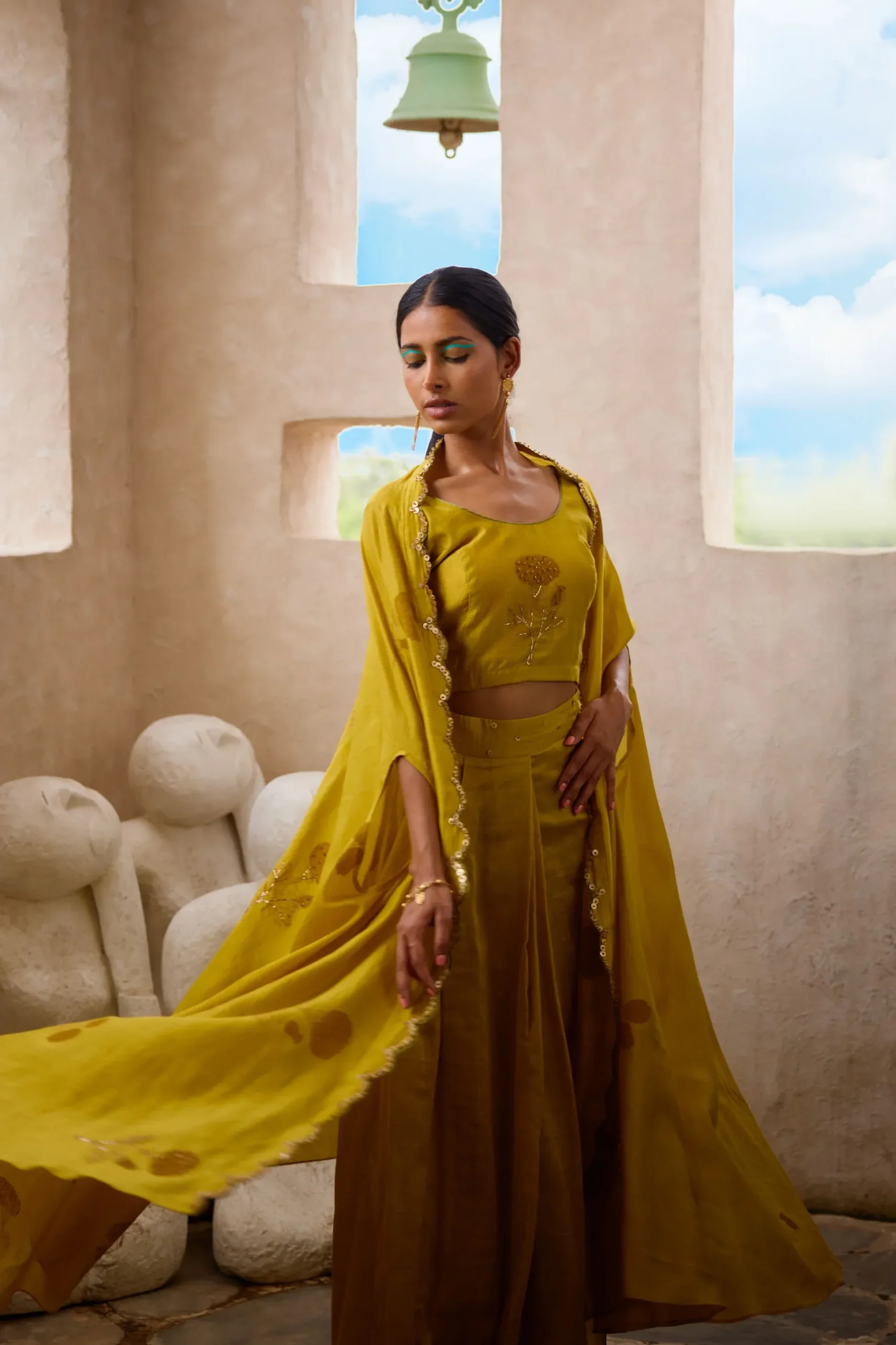 Mustard Drape Co-ord Set with Cape - Image 3