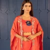 Coral Embellished Co-ord Set with Cape