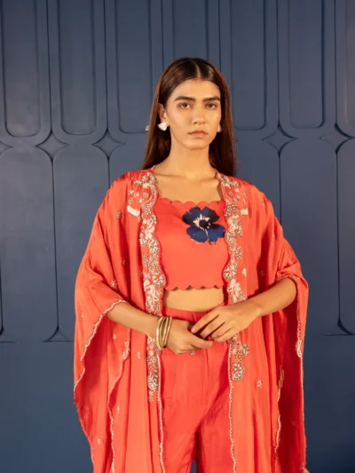 Coral Embellished Co-ord Set with Cape