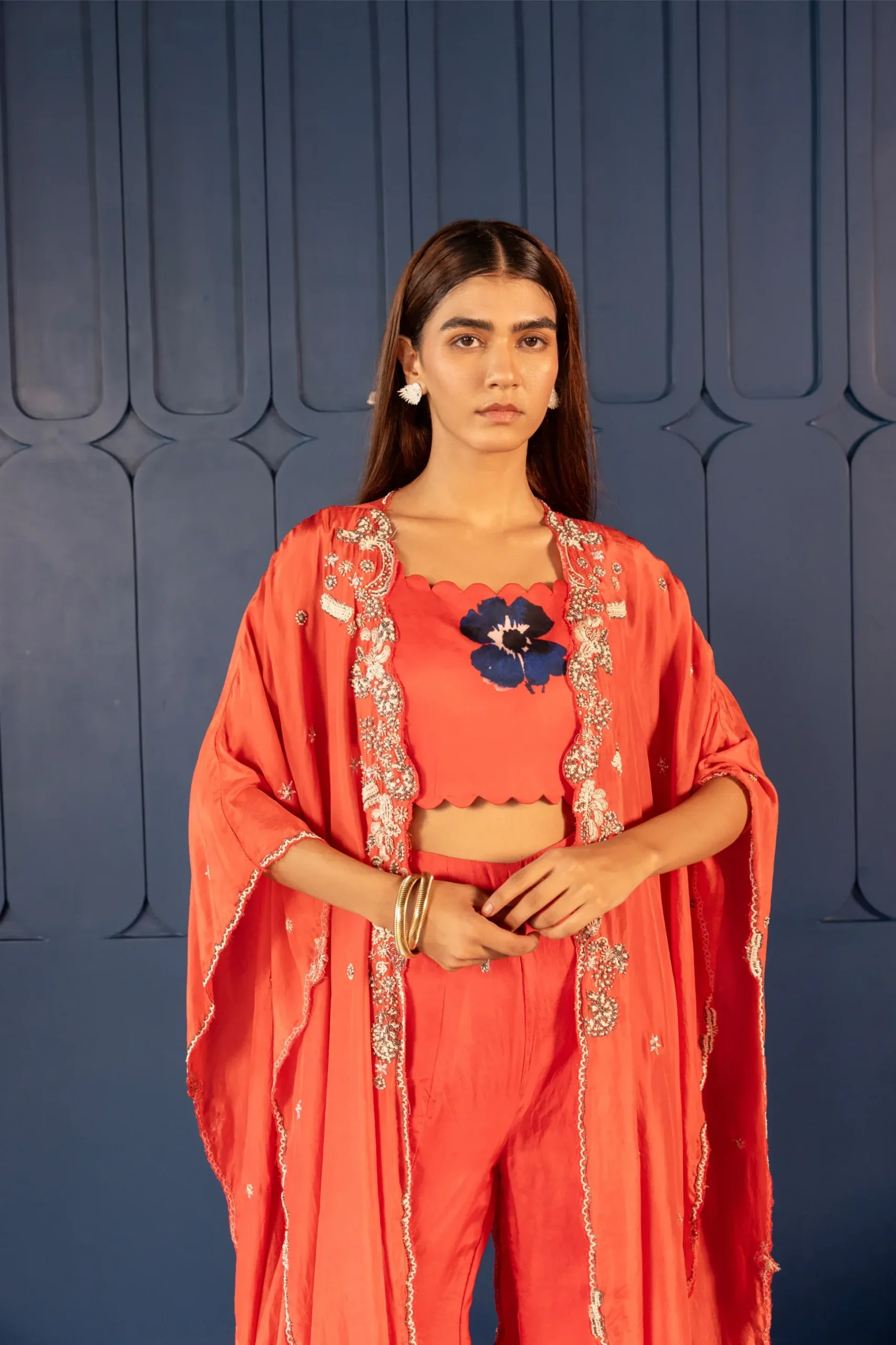 Coral Embellished Co-ord Set with Cape