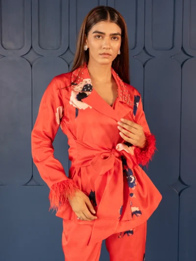 Coral Printed Wrap Co-ord Suit Set