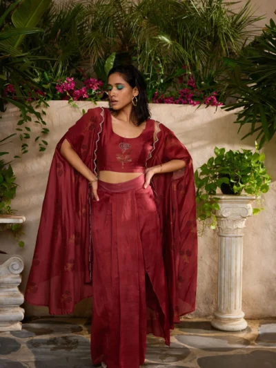Crimson Drape Co-ord Set with Cape
