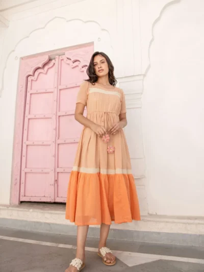 Peach Glow Tiered Midi Dress