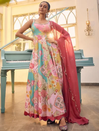 Pastel Floral Anarkali Set with Embellished Dupatta