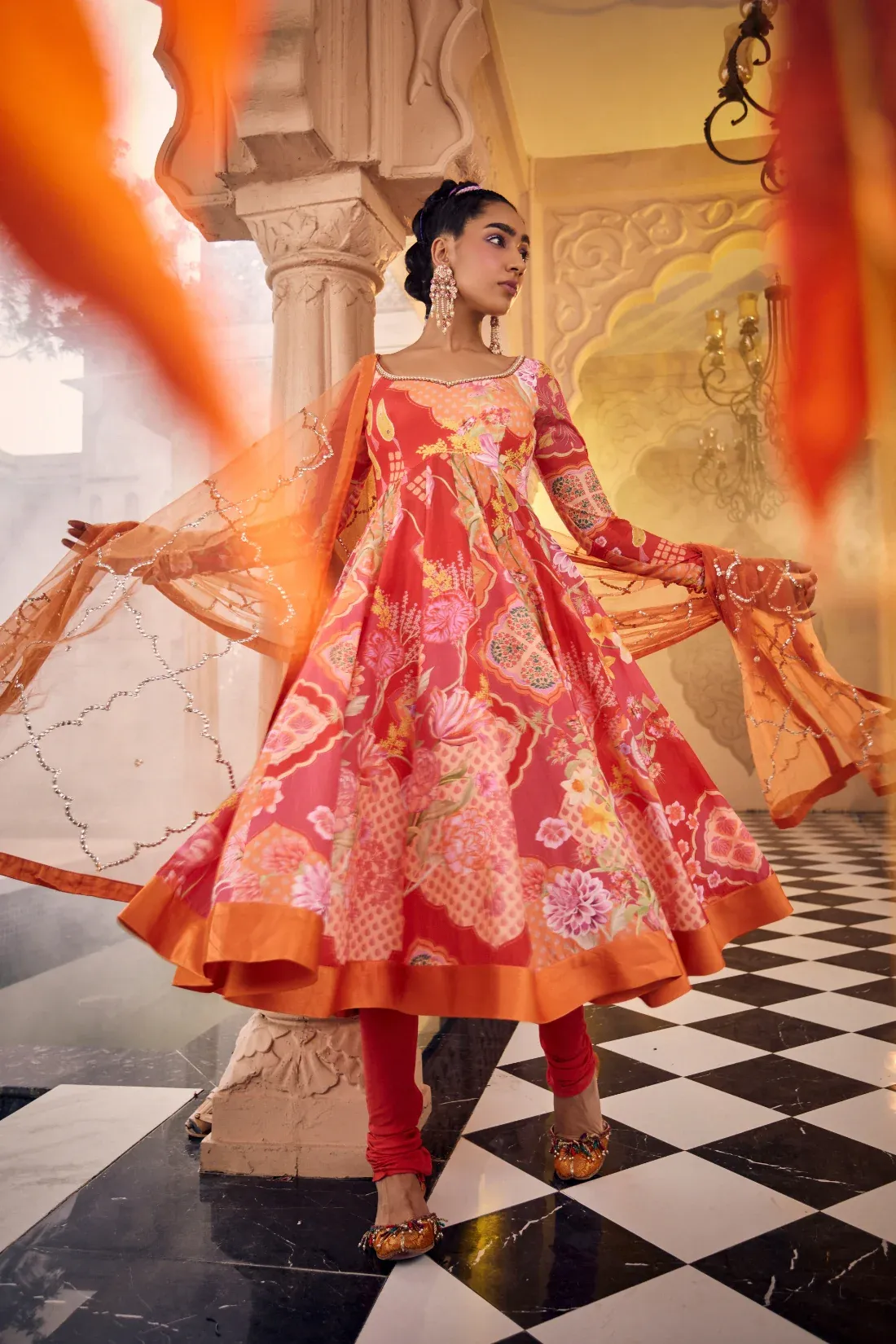 Coral Bloom Anarkali Set with Embellished Dupatta - Image 4