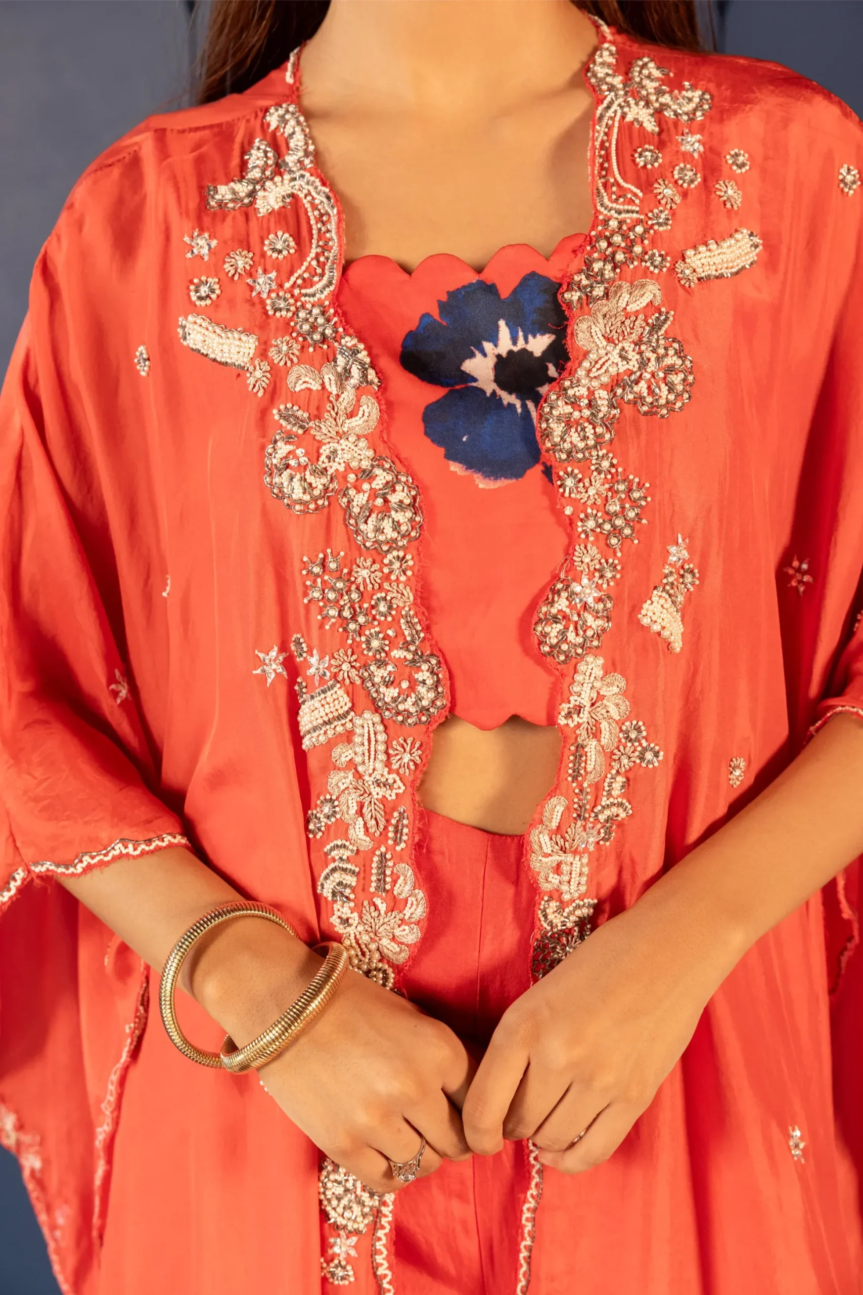 Coral Embellished Co-ord Set with Cape - Image 5