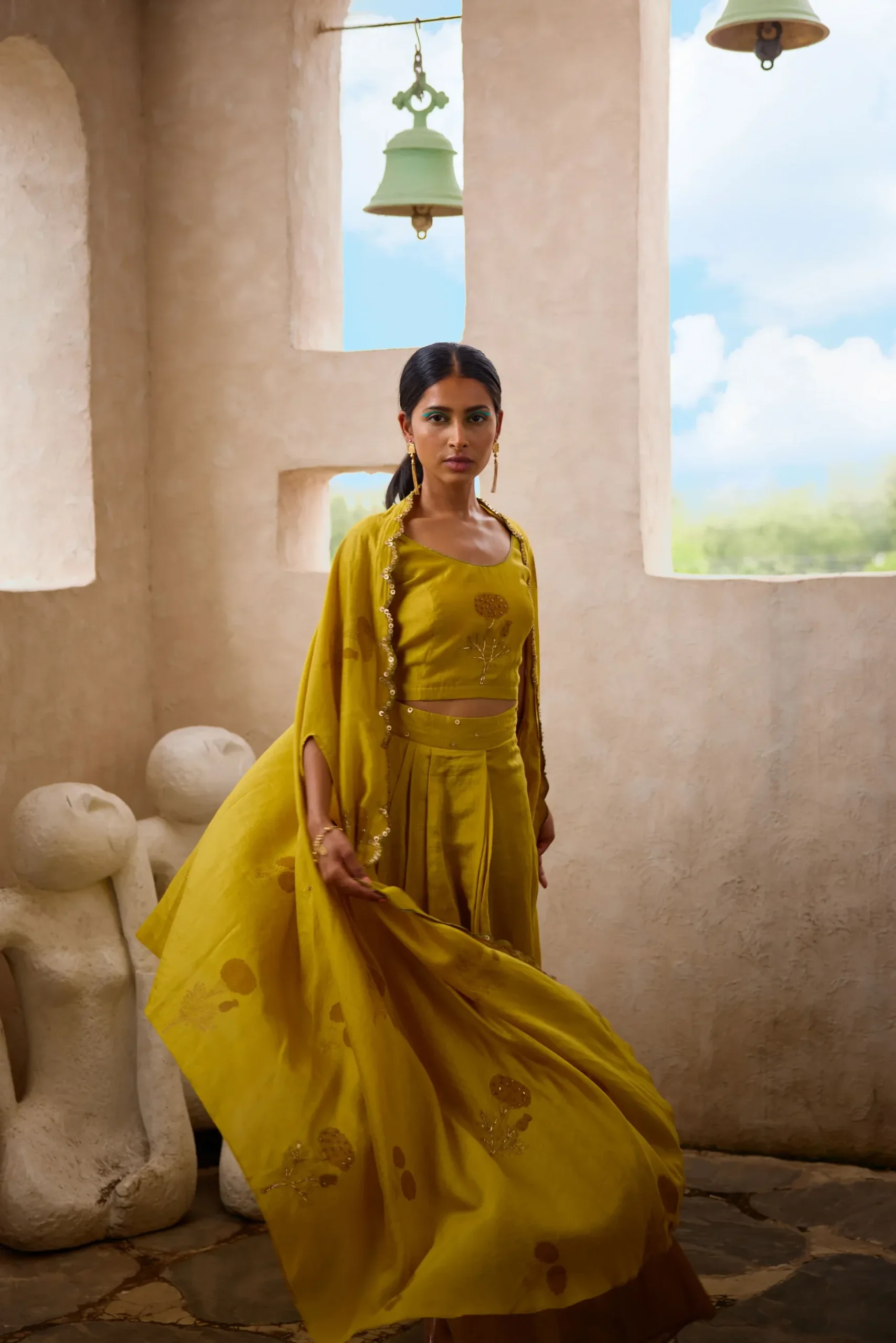 Mustard Drape Co-ord Set with Cape - Image 4