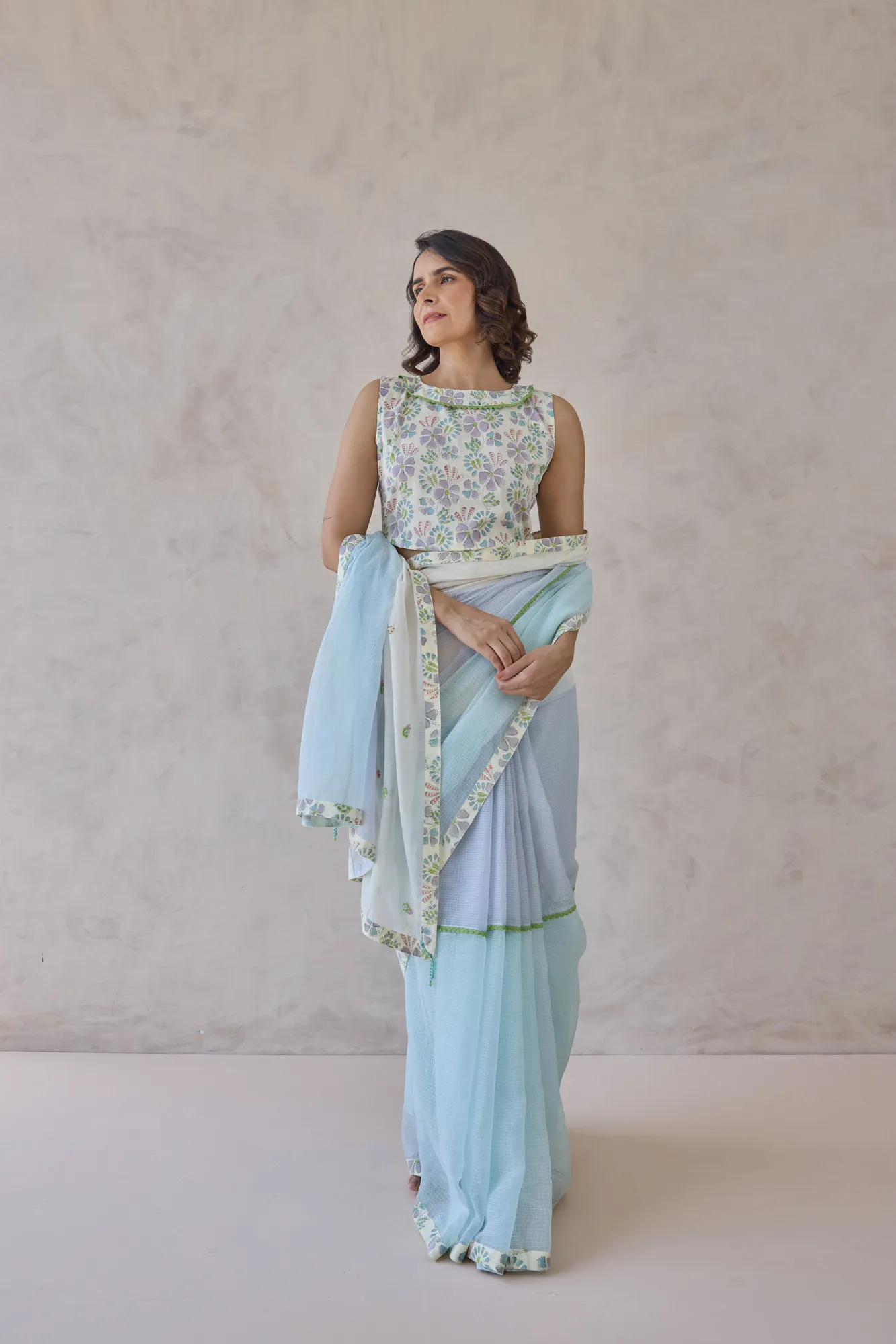 Powder Blue Ombre Saree Set - Image 3