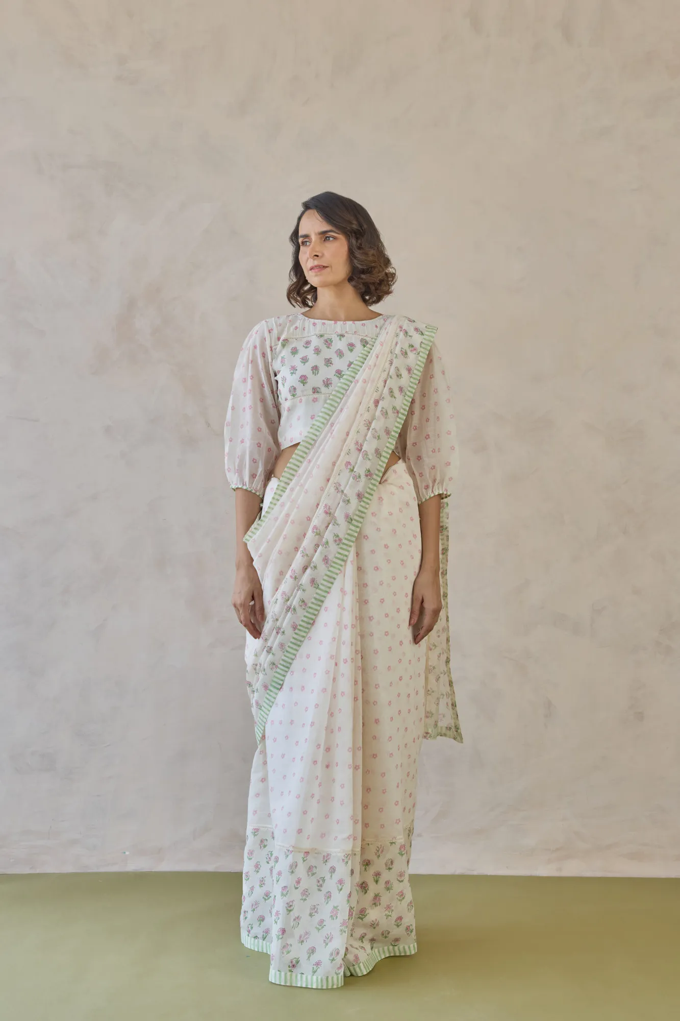 Ivory Blossom Printed Saree Set - Image 2